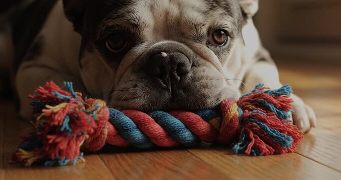 Pied French Bulldog with frayed rope toy on polished hardwood floor. Home, pet, playful.