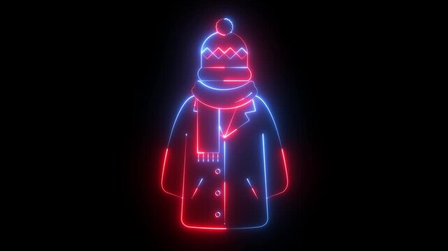 Glowing neon winter jacket and hat icon isolated on black background. Warm clothing icon animation for cold weather season. warm coat icon for outdoor wear. snow outfit, winter fashion concept.