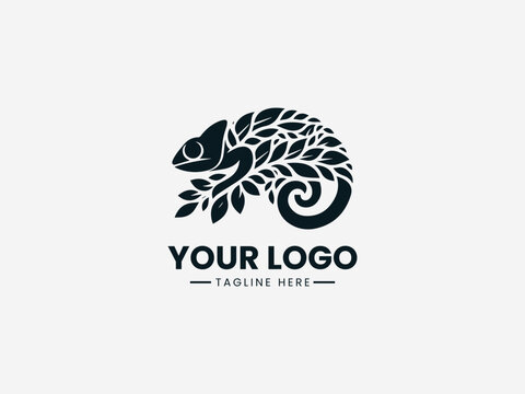 Stylized chameleon blending into abstract shapes representing camouflage in clean black vector illustration