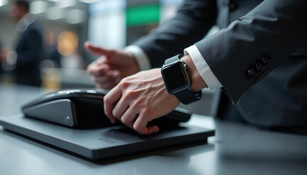 Contactless payment with business man wearing suit using POS terminal for digital transaction. Contactless payment technology simplifies digital purchase in retail, fast, and secure.
