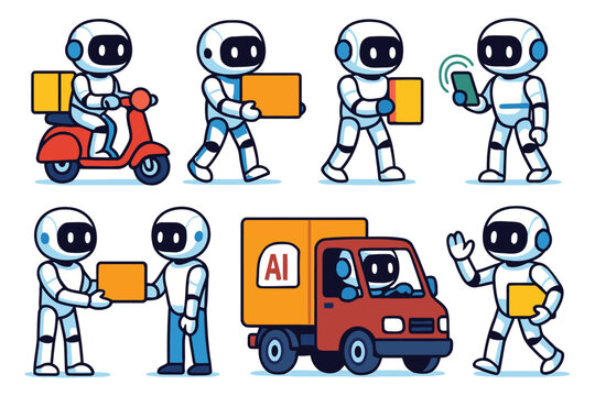 Robots delivering packages using scooters trucks and smart devices for efficient logistics