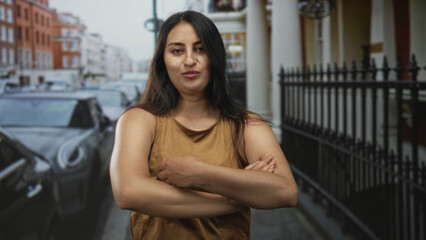 Woman with arms crossed and tilted head, wearing brown sleeveless shirt on city street; confidence authenticity attitude.