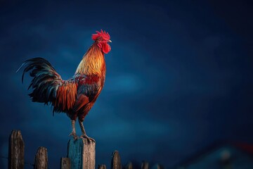 Studio-like night scene of a rooster standing on a wooden fence post with barbed wire, set against a deep star-filled sky.