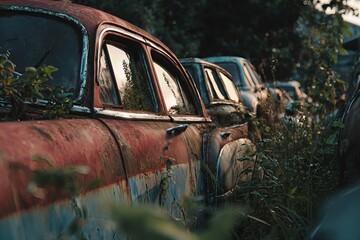 Close view of several old cars with heavy rust and patina, half-buried in tall grass at dusk.