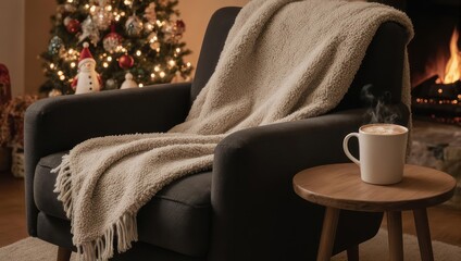 Cozy Christmas Scene with Armchair, Blanket, and Fireplace.