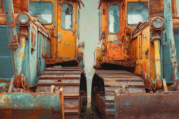 Weathered bulldozers lined up in construction yard