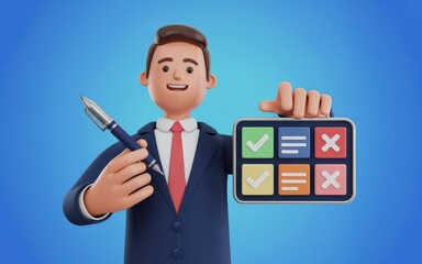 Businessman holding a pen and a board with checkmarks and crosses