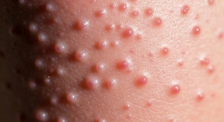 Closeup shows skin covered in small raised pinkish bumps some with a whitish sheen