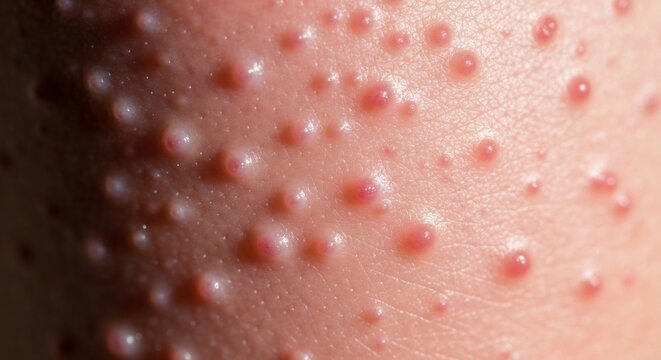 Closeup shows skin covered in small raised pinkish bumps some with a whitish sheen