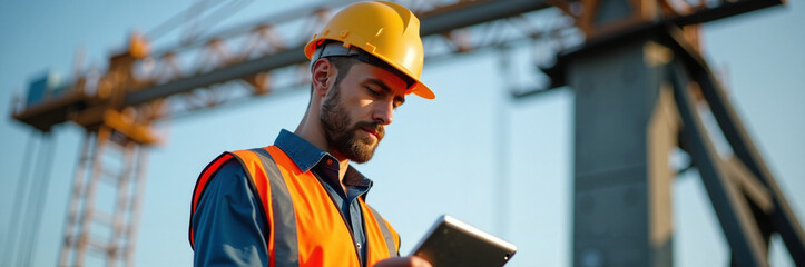 Construction worker using tablet at worksite near crane, construction worker wearing safety equipment. Construction worker reviews the blueprint on tablet. Promotion construction worker.