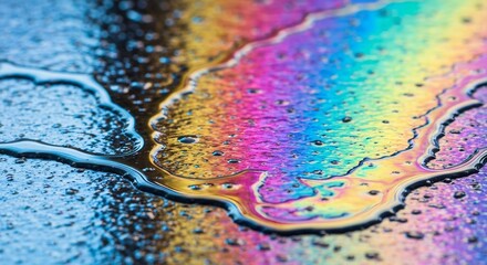 Naklejka premium Iridescent liquid on asphalt displaying rainbow hues and oily sheen