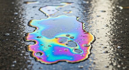 Naklejka premium Iridescent liquid spill on dark pavement with colorful rainbowlike patterns and small bubbles