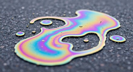 Naklejka premium Iridescent liquid spills on asphalt creating vibrant rainbow patterns
