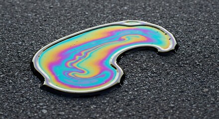 Naklejka premium Iridescent puddle of oil on asphalt swirled colors and black outline