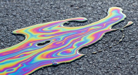 Naklejka premium Iridescent puddle on asphalt Rainbow oil slick with wavy patterns