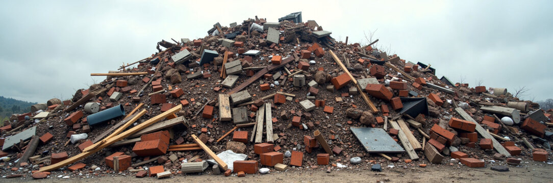 Pile of rubble with broken bricks and assorted debris under overcast sky, showcasing aftermath of demolition. Pile of rubble contains shards of brick, pieces of wood, and remnants of construction. - Powered by Adobe