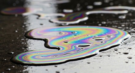 Naklejka premium Multicolored rainbow oil slick on asphalt surrounded by scattered droplets creates a striking visual contrast