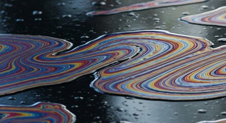 Naklejka premium Oil slick on wet asphalt rainbow swirls reflect on the black surface with water droplets