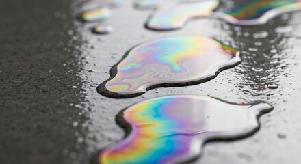 Naklejka premium Oil spills on gray pavement show rainbow iridescence closeup