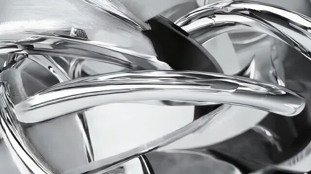 Abstract swirling chrome ribbons with black center on a gradient background