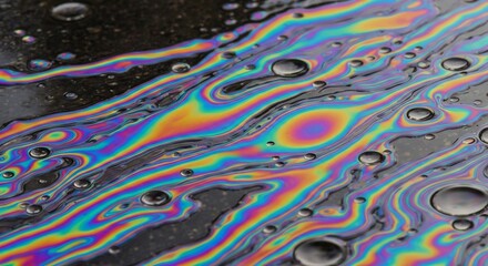 Obraz premium Swirling rainbow sheen oil slick on black surface with reflective droplets