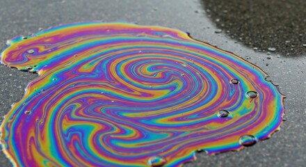 Obraz premium Swirling rainbowcolored oil slick on asphalt reflecting vivid hues in a circular pattern with water droplets