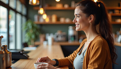 Woman enjoying coffee break in cafe, savoring aromatic beverage in warm environment. Coffee break moment is relaxing, rejuvenating her spirit and mind.