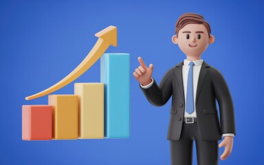 3D business man pointing at a rising graph indicating growth and success