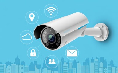Security camera with digital network icons and cityscape background