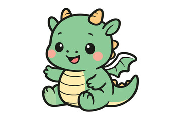 Adorable green cartoon dragon with big eyes and rosy cheeks sitting happily