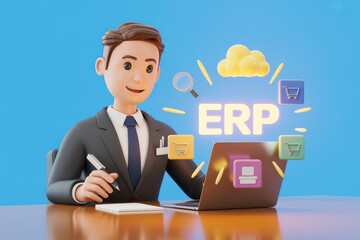 3D Cartoon Businessman Working on Laptop with ERP Icons and Cloud Computing