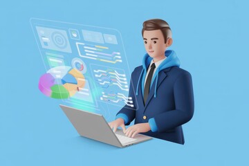 Man Working on Laptop with Futuristic Data Interface