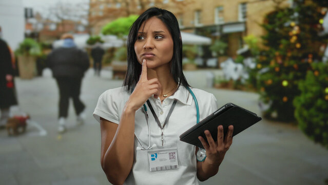 Young woman doctor holding tablet with stethoscope and badge on busy street outdoor pondering possible medical solutions - Powered by Adobe