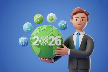 Business professional holding a green globe with 2026 text and circular icons representing growth and data