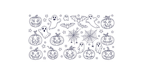 Hand drawn halloween doodle clipart set featuring pumpkins ghosts spider webs stars and bats for festive designs
