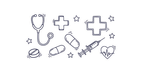 Collection of hand drawn medical icons and symbols for healthcare designs