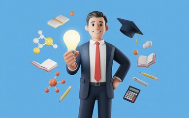 3D illustration of a businessman holding a glowing lightbulb symbolizing innovation and ideas
