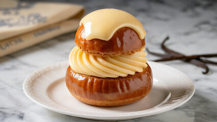 A close-up photograph of an elegant French religieuse pastry displayed on a pristine white porcelain plate. The delicate pastry consists of two perfectly golden choux buns stacked vertically, with the