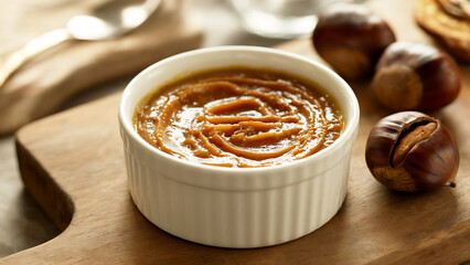 A photograph of a rustic French dessert featuring creamy chestnut jam served in a classic white porcelain ramekin. The rich, golden-brown cr&egrave;me de marrons has a velvety smooth texture with subtle swir