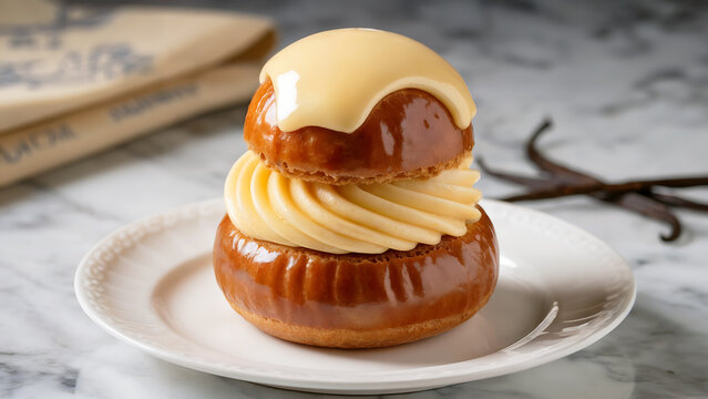 A close-up photograph of an elegant French religieuse pastry displayed on a pristine white porcelain plate. The delicate pastry consists of two perfectly golden choux buns stacked vertically, with the