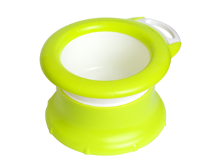 Light green and white children's collapsible travel potty. A close-up of a mobile, functional potty for the toilet. Travel accessories. Isolated