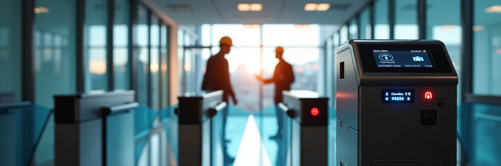 Automated access control at building entrance with turnstile system for security with two blurred men passing through. Access control ensures only authorized individuals enter facility.
