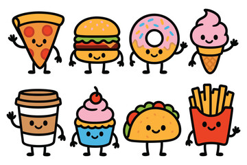 Collection of adorable kawaii style cartoon fast food characters with happy faces