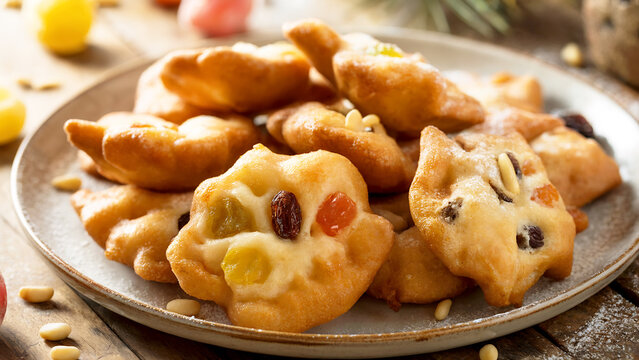 A close-up photograph of traditional Italian frittelle arranged on a rustic ceramic plate, showcasing their golden-brown, irregularly shaped forms reminiscent of small fried doughnuts. Each frittelle 