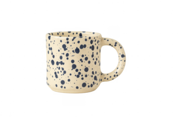 Ceramic mug with blue speckle pattern on transparent background