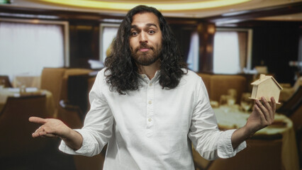 Man holding a small wooden house model and gesturing with open hands in building restaurant...