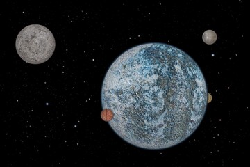 Artist's concept / illustration: Distant solar system with frozen planet and four moon.