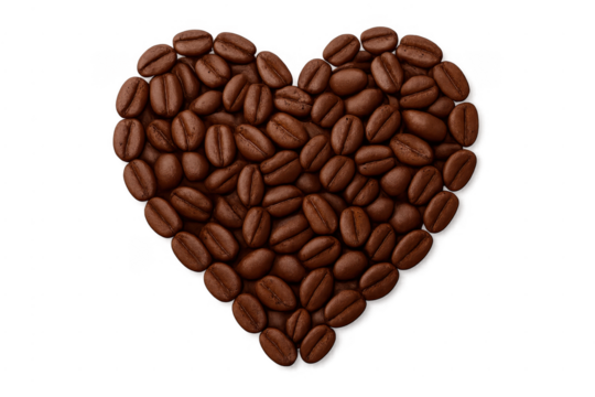 Roasted coffee beans forming heart on transparent background