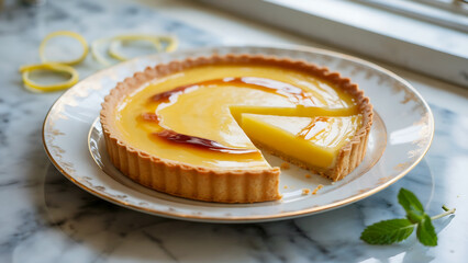 A photograph of an elegant French lemon tart displayed on a vintage porcelain plate with delicate gold rim details. The tart features a perfectly golden, buttery pâte sucrée crust filled with glossy, 