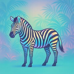 Fototapeta premium Standing Zebra with Rainbow Stripes in Tropical Palm Background